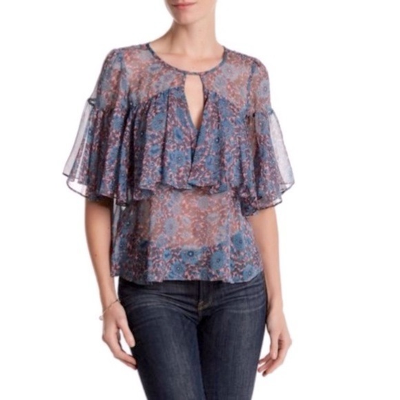 Rebecca Taylor Silk Floral Shibori Sheer Flutter Sleeves Top - Picture 1 of 9